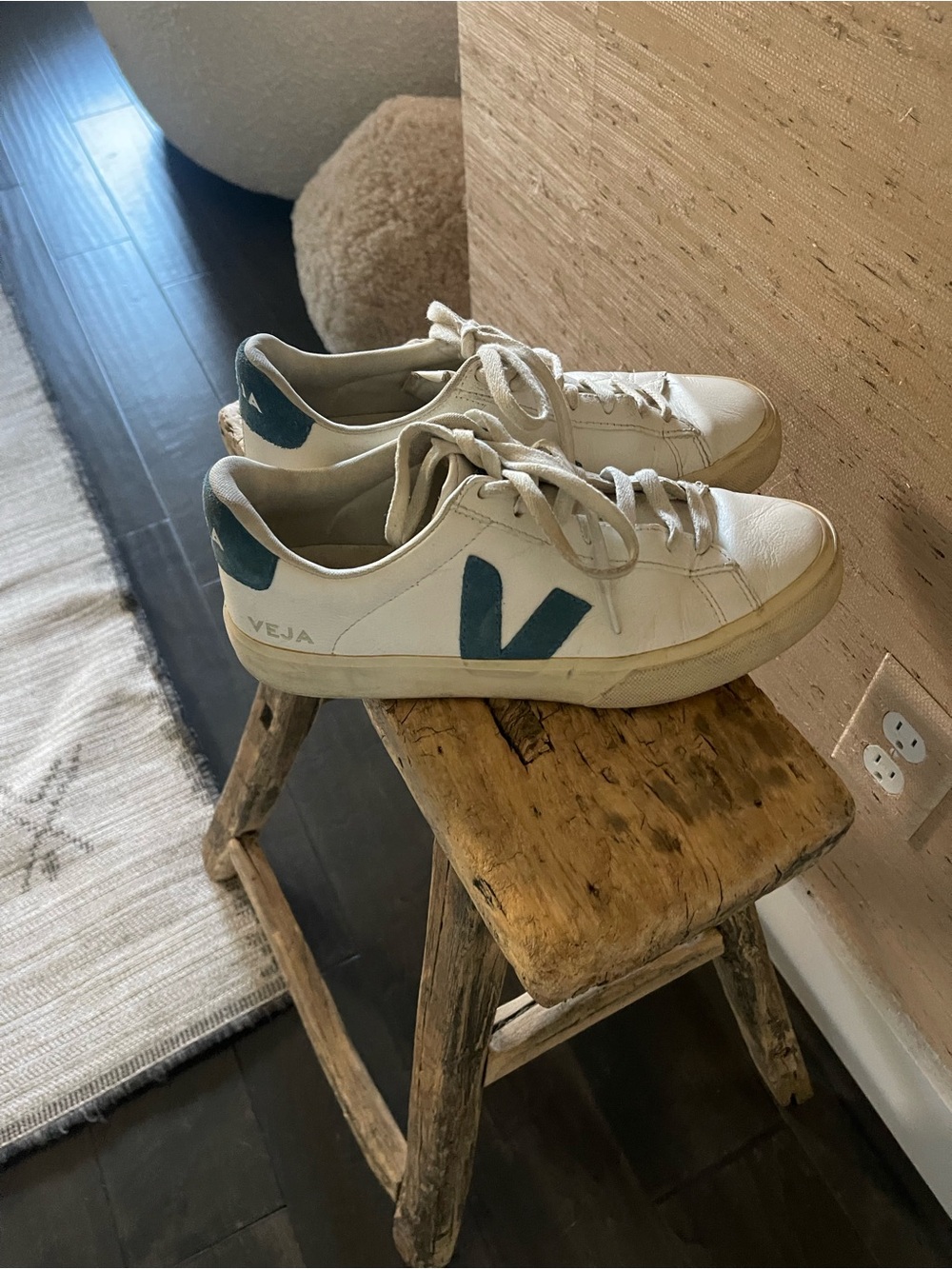 Veja White Leather Sneakers with Teal V Logo